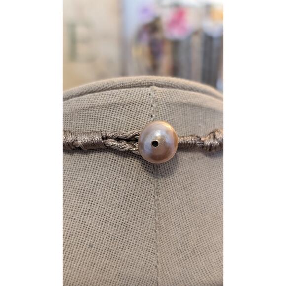 Designer Made in Italy Khaki Natural Linen & Large Baroque Pearl Tassel Necklace - Picture 6 of 7